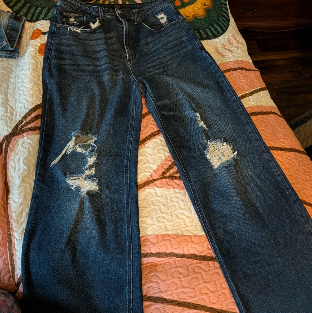 AFRM Distressed Dark Blue Flare Jeans